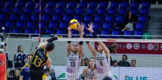 Guimarasnon Camille Lamina and Sheena Toring of National University Lady Bulldogs blocks the attack of University of Santo Tomas Golden Tigresses’ Jonna Perdido. PHOTO COURTESY OF SSL
