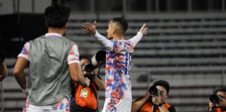 Philippine Azkals’ Patrick Reichelt celebrates after scoring a goal against Indonesia. PHOTO COURTESY OF PFF