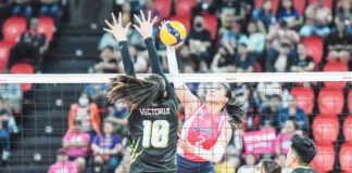 Creamline Cool Smashers’ Alyssa Valdez scores against the defense of Nxled Chameleons’ Camille Victoria. PVL PHOTO