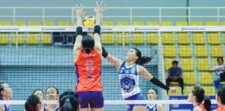Negros ICC Blue Hawks’ Angel Mae Habacon attempts to score against Nasipit Lady Spikers’ Janeth Tulang. MPVA PHOTO
