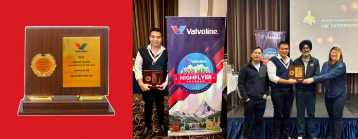 Picture from left: (1) The Award, (2) Emmanuel Aguillon with the award, (3) Valvoline’s Cluster Manager Victor Llanes, F&E’s SVP Sales Head, Emmanuel Aguillon, Valvoline’s Rest of Asia Regional Head, Parveen Khokher and F&E’s SVP Marketing Head, Gen Aguillon-Chiong with the award.