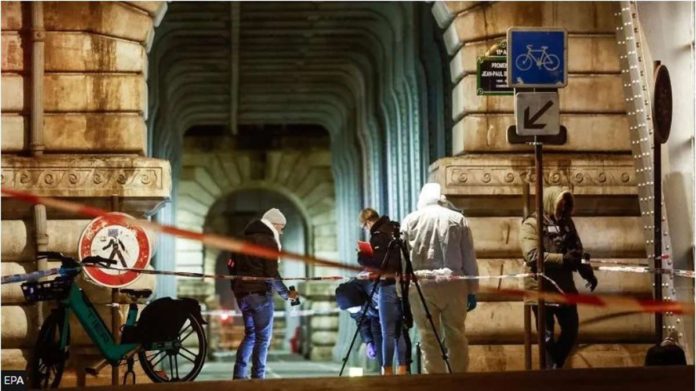 EU_resized Forensics teams work at one of the scenes of a recent knife attack in Paris, France. EPA
