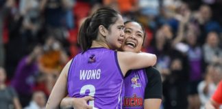 Choco Mucho Flying Titans' Deanna Wong and Caitlyn Viray emotionally hug each other after they reached the PVL Finals for the first time. PVL PHOTO