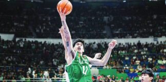 De La Salle University Green Archers’ Kevin Quiambao stretches for a layup during Game 3 of their UAAP Season 86 men’s basketball finals series against University of the Philippines Fighting Maroons. UAAP PHOTO
