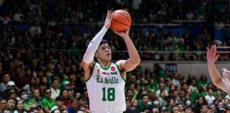 De La Salle University Green Archers’ Francis Escandor pulls up for a three-pointer during Game 2 of the UAAP Season 86 men’s basketball finals against University of the Philippines Fighting Maroons. UAAP PHOTO
