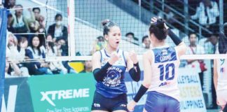 Negrense Sophie Cagalawan of Negros ICC Blue Hawks rejoices after scoring an attack against Bacoor City Strikers Metro Land Builders Corp. MPVA PHOTO