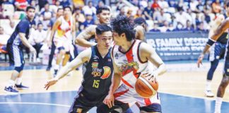 San Miguel Beermen’s Terrence Romeo looks to attack the defense of Bacolodnon Kib Montalbo of TNT Tropang Giga. PBA PHOTO