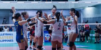 Jhasmine Sapin (jumping) and Bacoor City Strikers Metro Land Builders Corp. are one win closer from securing the MPVA crown. PHOTO COURTESY OF MPVA
