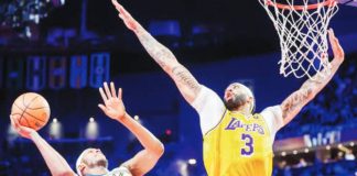 Los Angeles Lakers’ Anthony Davis looks to block the shot of Indiana Pacers' Myles Turner. AP