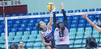 Negros ICC Blue Hawks’ Gelah Marie Lopez scores against the defense of Marikina Lady Shoemasters’ Justine Rebleza. PHOTO COURTESY OF MPVA
