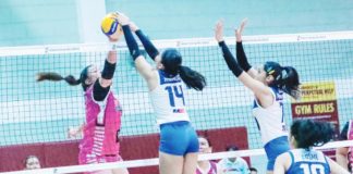 Negros ICC Blue Hawks’ Angel Mae Habacon blocks a shot by a Biñan Tatak Gel I Am Worldwide player. PHOTO COURTESY OF MPVA