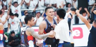 Encho Serrano and Justine Baltazar celebrate as Pampanga Giant Lanterns captures the MPBL crown. MPBL PHOTO