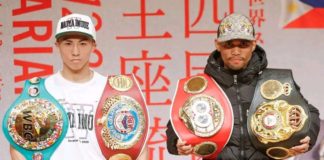 Filipino boxer Marlon Tapales (right) will look to pull off a massive upset against Japanese Naoya Inoue (left) in a world super bantamweight division unification bout tonight at the Ariake Arena in Koto-Ku, Japan. PHOTO COURTESY OF SANMAN PROMOTIONS