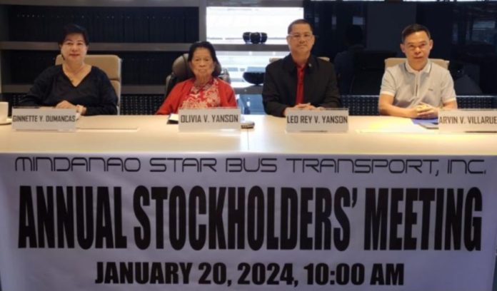 annual-stockholders-meeting1 (1) Stockholders Meeting. Shown during the January 20, 2024 annual stockholders' meeting of Mindanao Star Bus Transit Inc. (MSBTI) are the re-elected company officers and directors (from left) Ginnette Yanson Dumancas, Olivia V. Yanson, Leo Rey Yanson and Arvin John Villaruel.