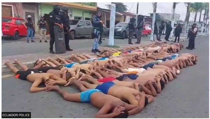 ecuador.JPG_resized Police released a video of suspects as they were made to lie in the street stripped to their underwear. ECUADOR POLICE PHOTO