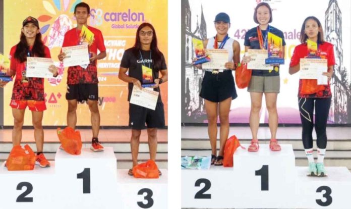 male-female-runners Winners of the 42-kilometer run for male (left) and female (right) categories during the Iloilo Dinagyang Marathon 2024 Heritage Run on Jan. 21.