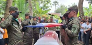 Private First Class Rodelo Alfanza, who died in Tubungan, Iloilo encounter, was laid to rest in a private cemetery in Barangay Bato, Sagay City, Negros Occidental on Jan. 28, 2024. A gun salute was held to honor Alfanza’s committed and dedicated service to the Philippine Army and the nation. PHILIPPINE ARMY SPEARHEAD TROOPERS FACEBOOK PHOTO