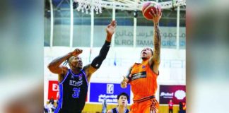 Strong Group Athletics-Philippines’ Dwight Howard attempts to block the shot of Homenetmen’s Zachary Lofton. PHOTO COURTESY OF UAE BASKETBALL ASSOCIATION