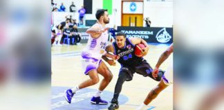 Strong Group Athletics-Philippines' McKenzie Moore creates separation from his Beirut Sports Club defender. PHOTO COURTESY OF UAE BASKETBALL ASSOCIATION
