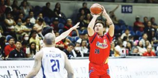 Rain or Shine Elasto Painters’ Beau Belga attempts a shot against the defense of TNT Tropang Giga’s Calvin Oftana. PBA PHOTO