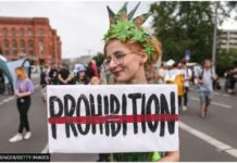 Germany legalizes cannabis, but makes it hard to buy A costumed cannabis supporter holds a banner against prohibition during the annual Hemp Parade on August 12, 2023 in Berlin, Germany. OMER MESSINGER/GETTY IMAGES