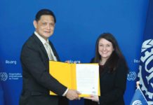PH is first Asian country to ratify ILO Convention 190 The International Labor Organization (ILO) welcomes the ratification of Convention 190 by the Philippines. This ratification marks an important step to preventing and eliminating violence and harassment in the workplace. Photo shows (from left) Labor and Employment Undersecretary Ernesto Bitonio and ILO Deputy Director-General Celeste Drake. ILO PHOTO