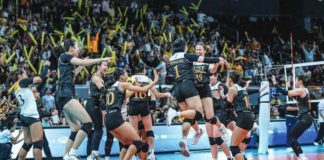 University of Santo Tomas Golden Tigresses rejoices following their win over the National University Lady Bulldogs. UAAP PHOTO