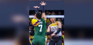 University of Santo Tomas Golden Tigresses’ Jonna Perdido hammered the ball over the defense of De La Salle University Lady Spikers’ Shevana Laput. UAAP PHOTO