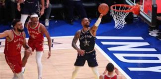 Damian Lillard of East All-Star stretches for a layup as West All-Star's Stephen Curry looks on. PHOTO COURTESY OF REUTERS