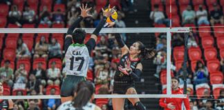 Ilongga Fiola Ceballos of PLDT High Speed Hitters scores against the defense of NxLed Chameleons’ Kamille Cal. PVL PHOTO
