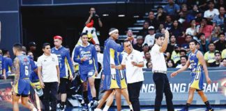 Magnolia Chicken Timplados Hotshots head coach Chito Victolero gestures towards the referees during Game 2 of the 2023-2024 PBA Commissioner’s Cup finals against San Miguel Beermen last Sunday. PBA PHOTO