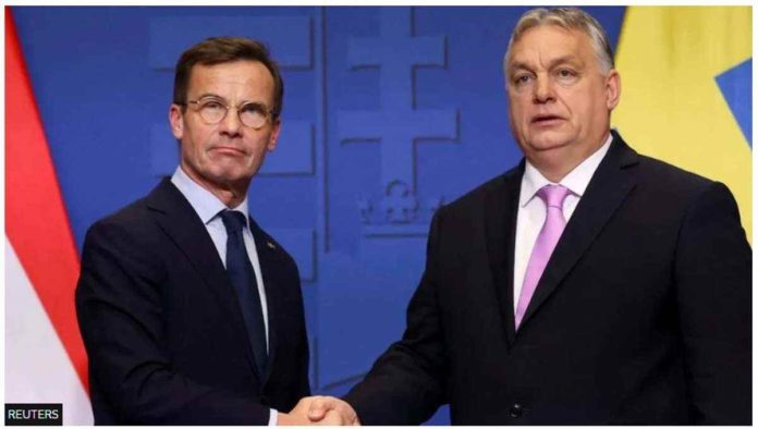 Hungary_resized Swedish Prime Minister Ulf Kristersson and Hungarian Prime Minister Viktor Orban shake hands at a joint press conference in Budapest, Hungary, on Feb. 23, 2024. REUTERS