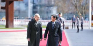 President Ferdinand R. Marcos Jr. is welcomed by Germany’s Chancellor Olaf Scholz at the Federal Chancellery on March 12, 2024. The two leaders walked together, introduced their respective delegations, and stood at the designated area for the playing of the Philippine and German national anthems. PCO PHOTO