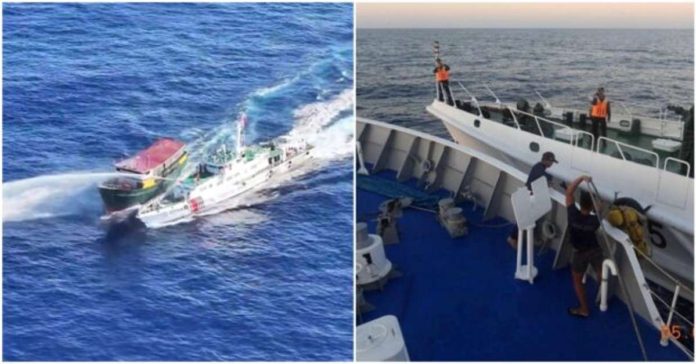PCG_pic_resized A China Coast Guard (CCG) ship (left photo) trains its water cannon on the Philippine military-chartered civilian boat Unaizah May 4 in an attempt to block the latter’s supply mission to Ayungin (Second Thomas) Shoal in the West Philippine Sea on Tuesday, March 5. Earlier, the Philippine Coast Guard’s (PCG) BRP Sindangan was damaged after a collision (right) with a CCG ship due to the latter’s “dangerous blocking maneuvers,” the PCG said. PCG PHOTOS / INQUIRER.NET