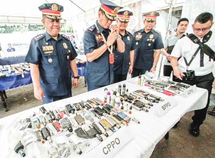 disposable_vapes.JPG_resized The Department of Trade and Industry is the agency responsible for regulating vapes and other new tobacco products. File photo shows vapes confiscated across the Central Visayas following a verbal order by then President Rodrigo Duterte banning vapes. RAPPLER PHOTO