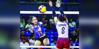 Ateneo de Manila University Blue Eagles’ Geezel Tsunashima scores against the defense of Bacolodnon Joan Marie Monares of University of the Philippines Fighting Maroons. UAAP PHOTO