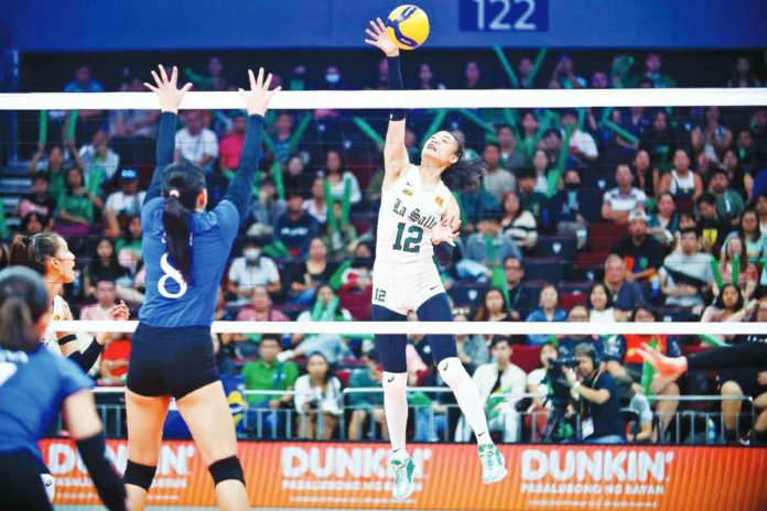 sports DLSU Negrense Angel Canino of De La Salle University Lady Spikers goes for an attack against Ateneo de Manila University Blue Eagles. UAAP PHOTO