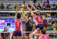 Chery Tiggo Crossovers’ Czarina Carandang attempts to score against the defense of Creamline Cool Smashers’ Lorie Lyn Bernardo and Diana Carlos. PVL PHOTO