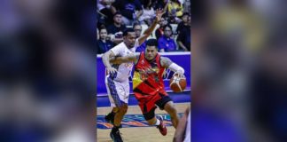 Ilonggo Jericho Cruz of San Miguel Beermen wards off the defense of TNT Tropang Giga’s Jayson Castro as he goes for a basket. PBA PHOTO