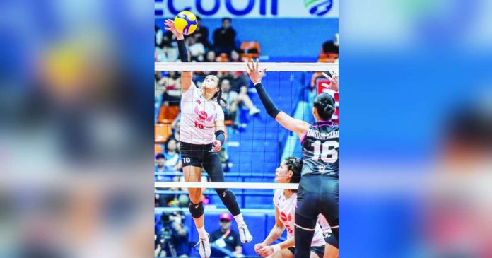 sports van_superimposed Petro Gazz Angels’ Brooke Van Sickle drops the ball towards the side of the Akari Power Chargers. PVL PHOTO