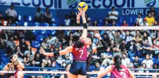 Aklanon Dell Palomata of PLDT High Speed Hitters goes for a shot against the defense of Choco Mucho Flying Titans’ Madeleine Madayag. PVL PHOTO