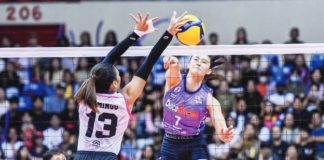 Choco Mucho Flying Titans’ Madeleine Madayag smashes the ball towards the defense of Akari Power Chargers’ Celine Domingo. PVL PHOTO
