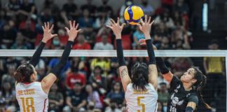 Petro Gazz Angels’ Brooke Van Sickle scores against the defense of PLDT High Speed Hitters’ Erika Santos. PVL PHOTO