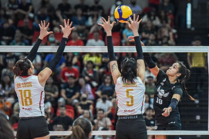 sports_PVL_resized Petro Gazz Angels’ Brooke Van Sickle scores against the defense of PLDT High Speed Hitters’ Erika Santos. PVL PHOTO