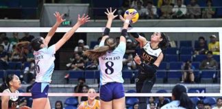 University of Santo Tomas Golden Tigresses’ Angeline Poyos goes for an attack against the defense of Adamson University Lady Falcons’ AA Adolfo. UAAP PHOTO