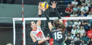 Guimarasnon Jovelyn Gonzaga of Cignal HD Spikers scores against the defense of NxLed Chameleons’ Ivy Lacsina. PVL PHOTO