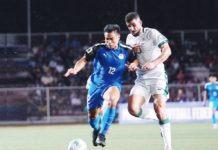 Philippine Azkals’ Armani Aguinaldo kicks the ball away from an Iraqi defender. PNMFT PHOTO