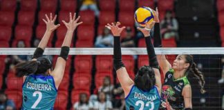 NxLed Chameleons’ Ivy Lacsina scored against the defense of Ilongga Roma Joy Doromal of Galeries Tower Highrisers. PVL PHOTO