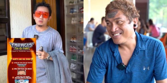 DTI reminds Takoyaki store owner Carl Quion (left) admitted that their April Fool’s prank was actually a marketing stunt hatched last year. He added that Ramil Albano (right) who had the name of the store inked on his forehead was an accomplice. PHOTO COURTESY OF GMA NETWORK