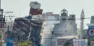 A building in Hualien City, Taiwan tilts on its side following a major earthquake on April 3, 2024. A 7.3-magnitude earthquake jolted the sea area near Hualien, according to the China Earthquake Networks Center. XINHUA PHOTO